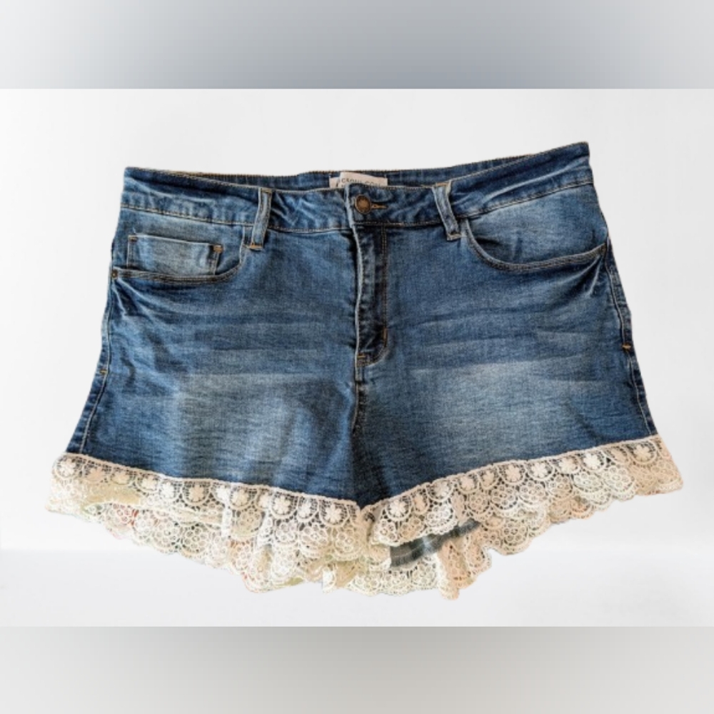 Chic Soul Blue Jean Shorts with Cream Lace Trim